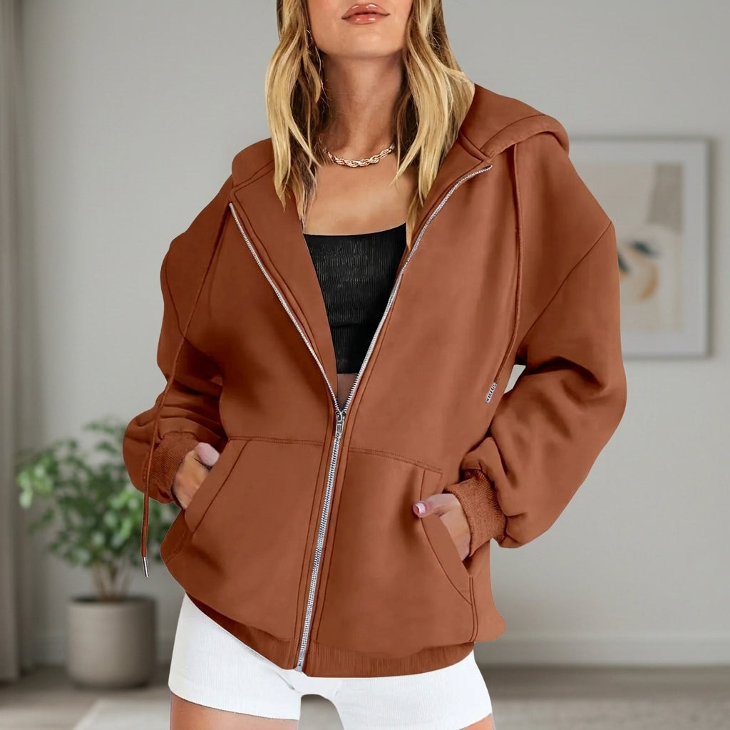 Women's Cotton Fleece Zip Up Hoodie Oversized Casual Sweatshirt