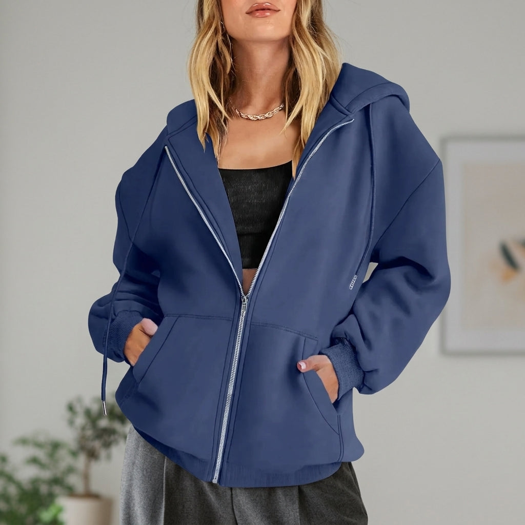Women's Cotton Fleece Zip Up Hoodie Oversized Casual Sweatshirt