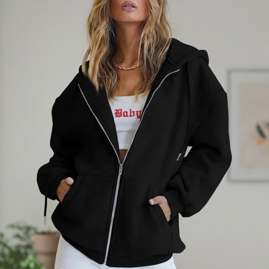Women's Cotton Fleece Zip Up Hoodie Oversized Casual Sweatshirt