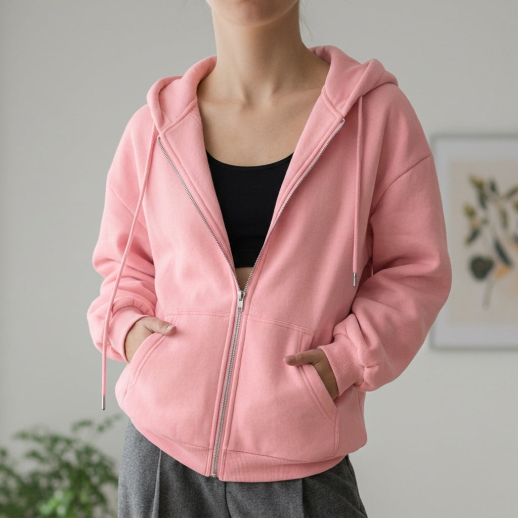 Women's Cotton Fleece Zip Up Hoodie Oversized Casual Sweatshirt