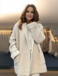Women's Beige Textured Open Front Long Sleeve Cardigan – Long Office Layering Coat