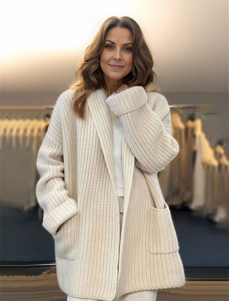 Women's Beige Textured Open Front Long Sleeve Cardigan – Long Office Layering Coat