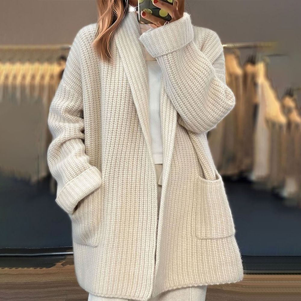 Women's Beige Textured Open Front Long Sleeve Cardigan – Long Office Layering Coat