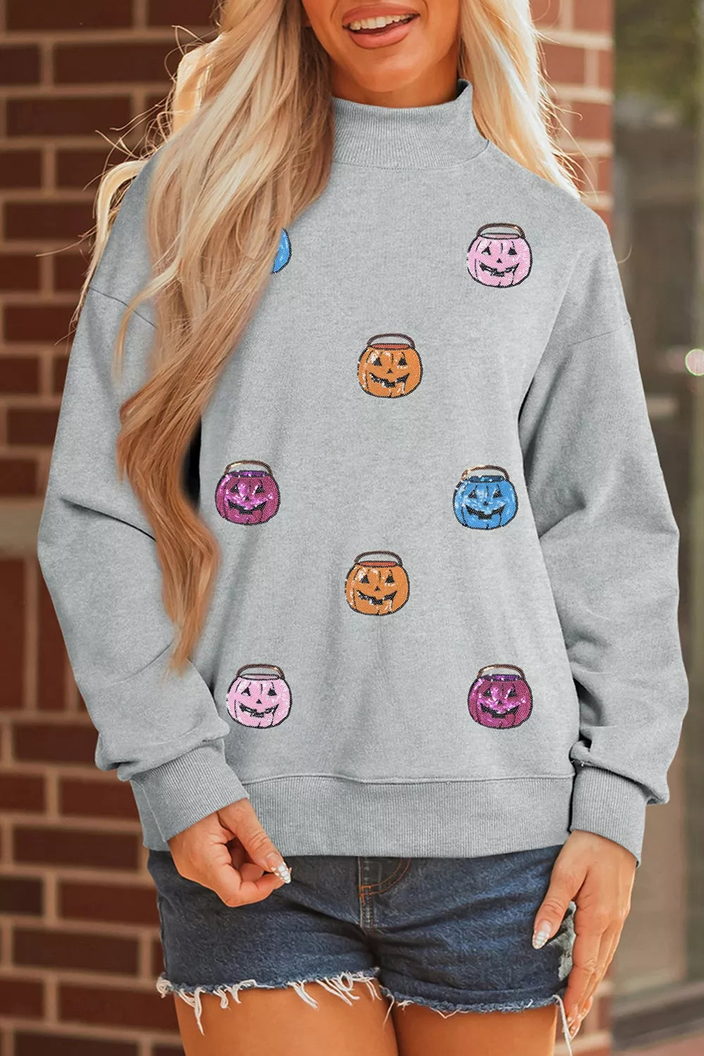 Women's Pumpkin Halloween Sweatshirt - Sparkly Fall Graphic Pullover