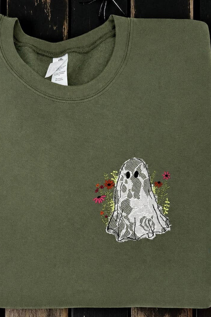 Women's Olive Lace Ghost Sweatshirt - Embroidered Floral Halloween Pullover