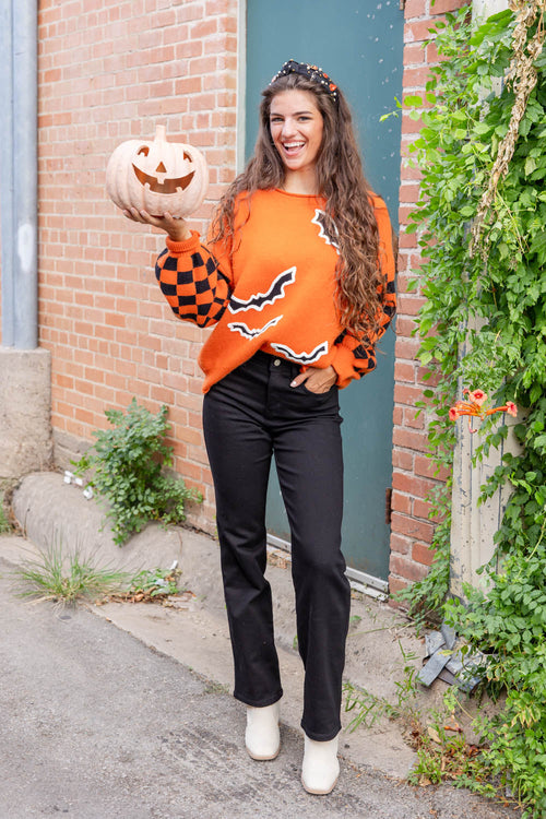 Bats Halloween Sweater Checkerboard Sleeve