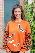 Bats Halloween Sweater Checkerboard Sleeve