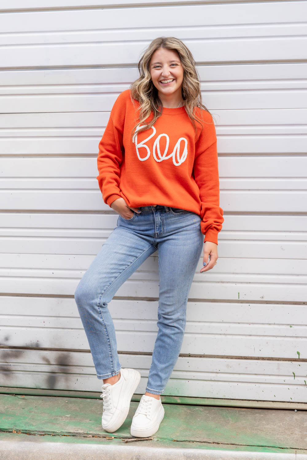 Women's Boo Orange Embroidered Ribbed Halloween Sweater