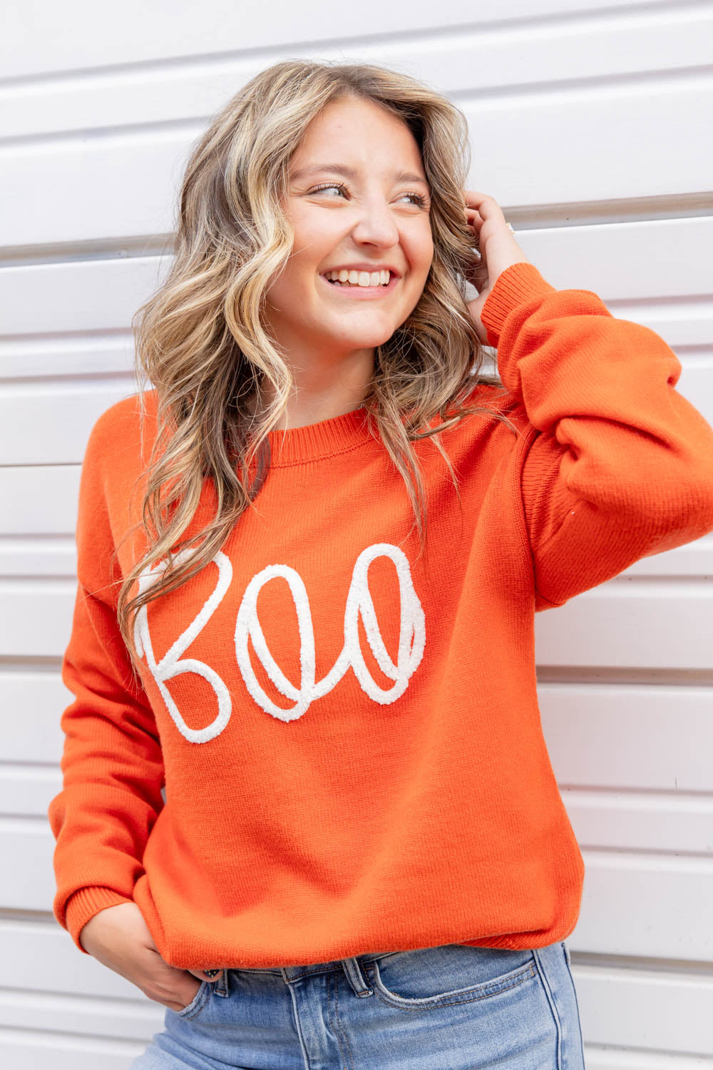 Women's Boo Orange Embroidered Ribbed Halloween Sweater
