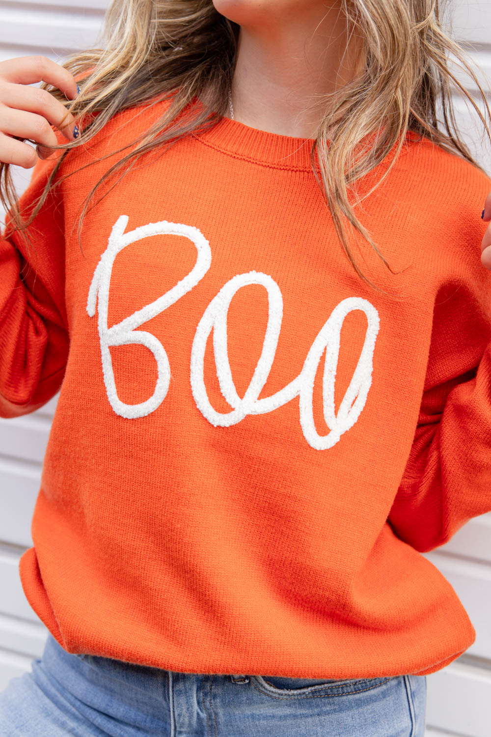 Women's Boo Orange Embroidered Ribbed Halloween Sweater