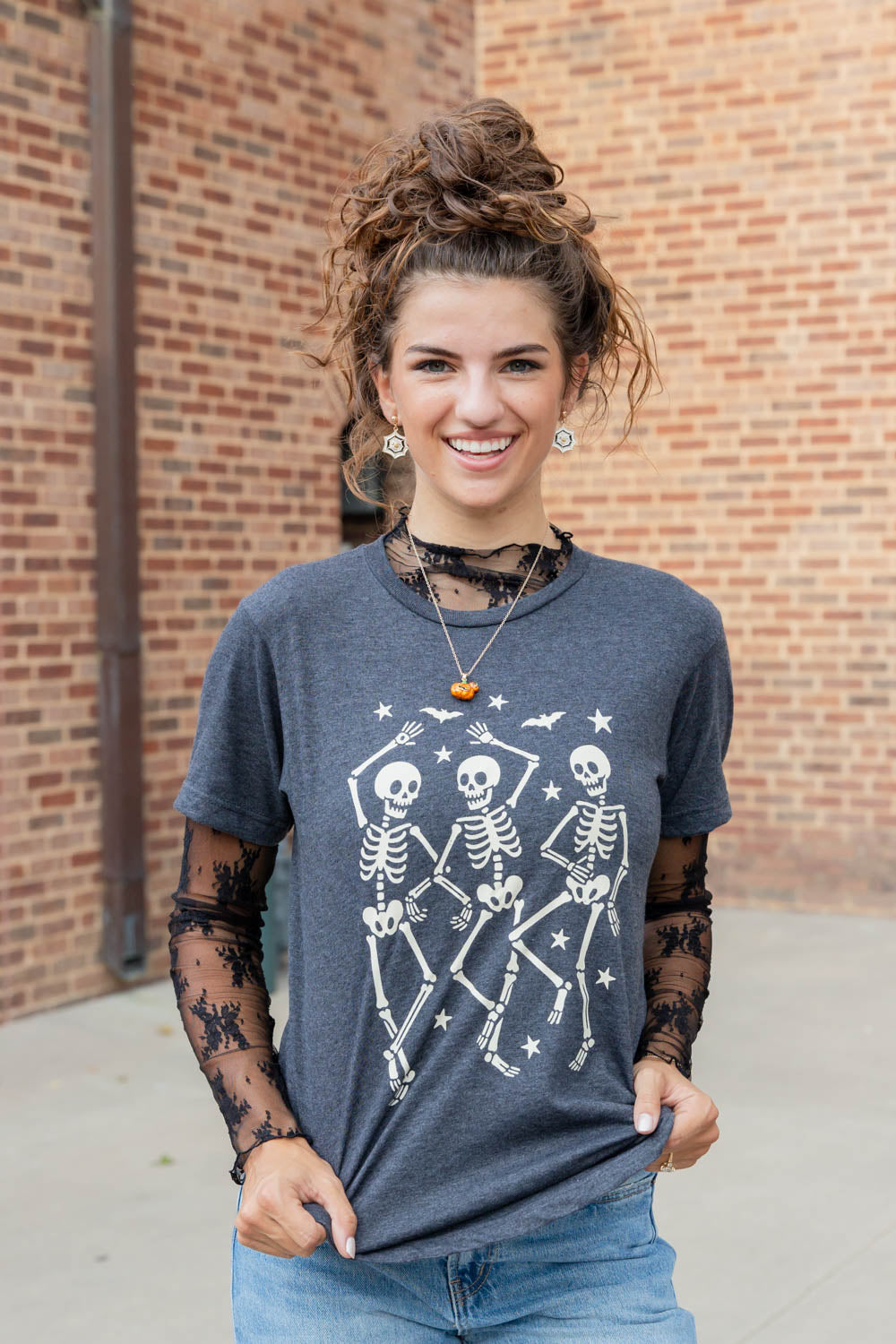Ghost Outline Black Cotton Blend Graphic Halloween Tee