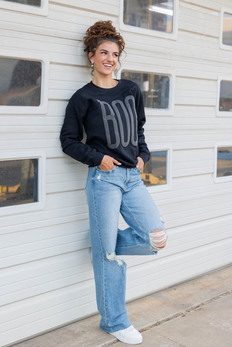 Boo Black Puff Ink Crewneck Cotton Blend Sweatshirt