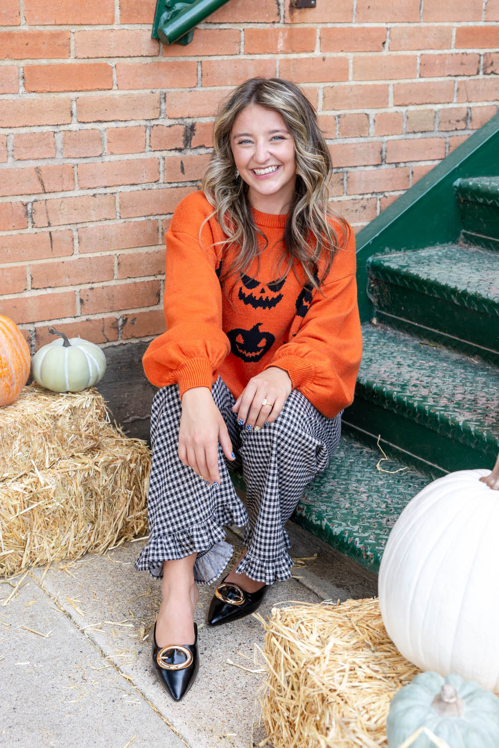 Pumpkin Lane Orange and Black Balloon Sleeve Pumpkin Halloween Sweater