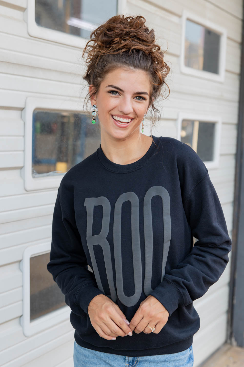 Boo Black Puff Ink Crewneck Cotton Blend Sweatshirt