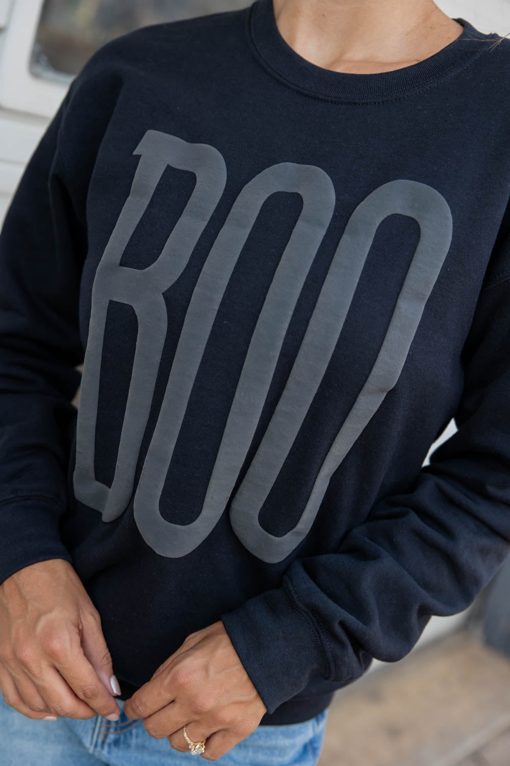 Boo Black Puff Ink Crewneck Cotton Blend Sweatshirt