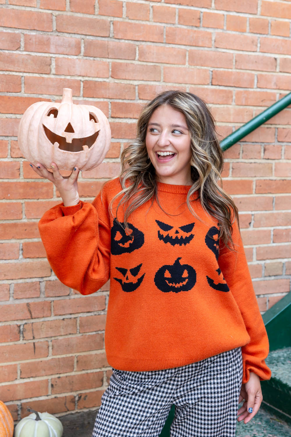 Pumpkin Lane Orange and Black Balloon Sleeve Pumpkin Halloween Sweater