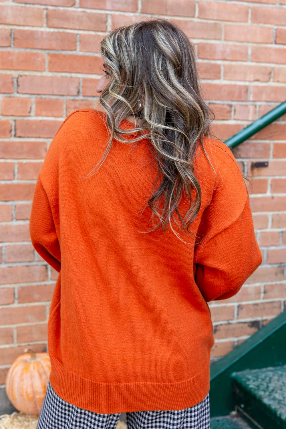 Pumpkin Lane Orange and Black Balloon Sleeve Pumpkin Halloween Sweater