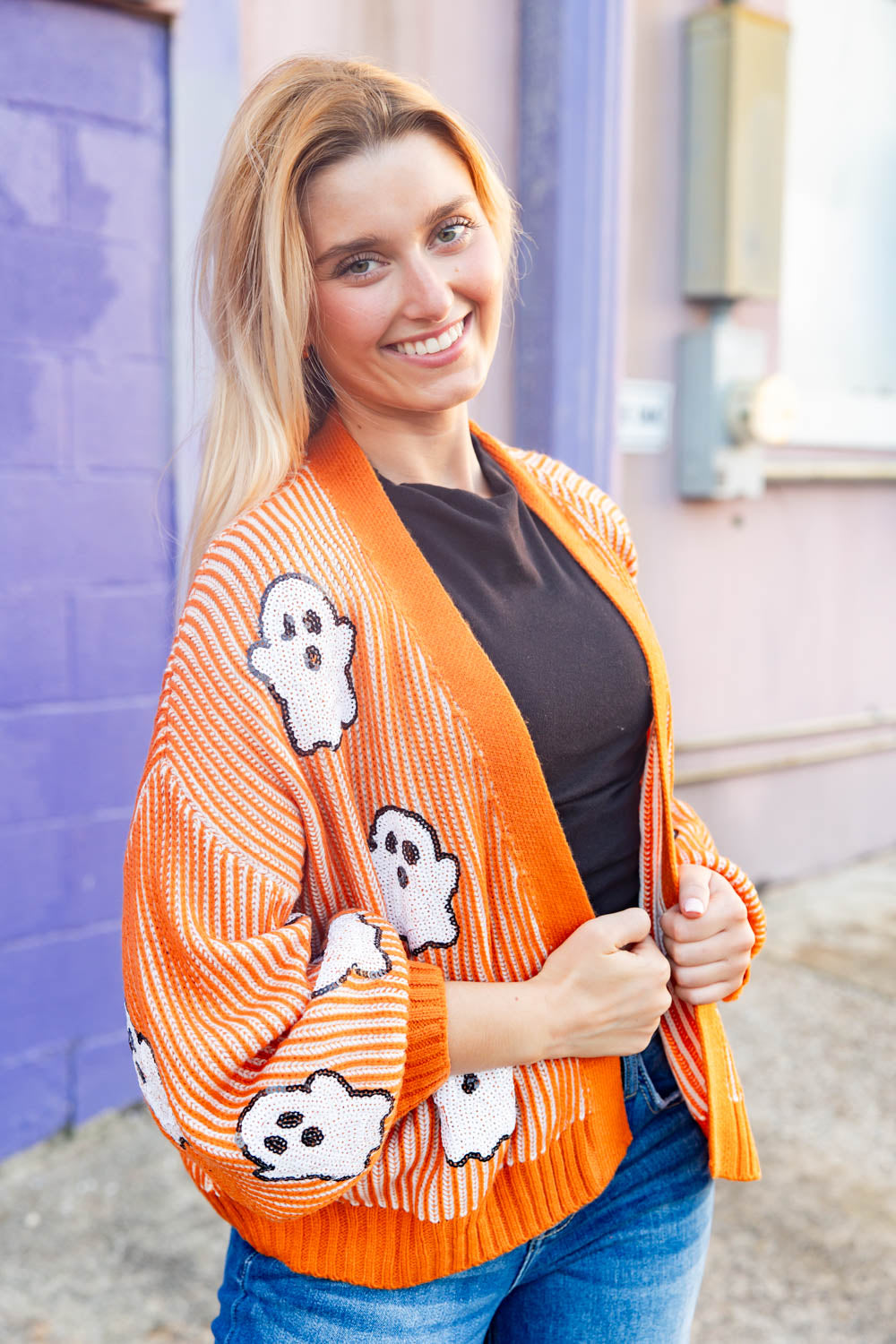 Women's Ghost Patch Long Sleeve Knit Halloween Cardigan