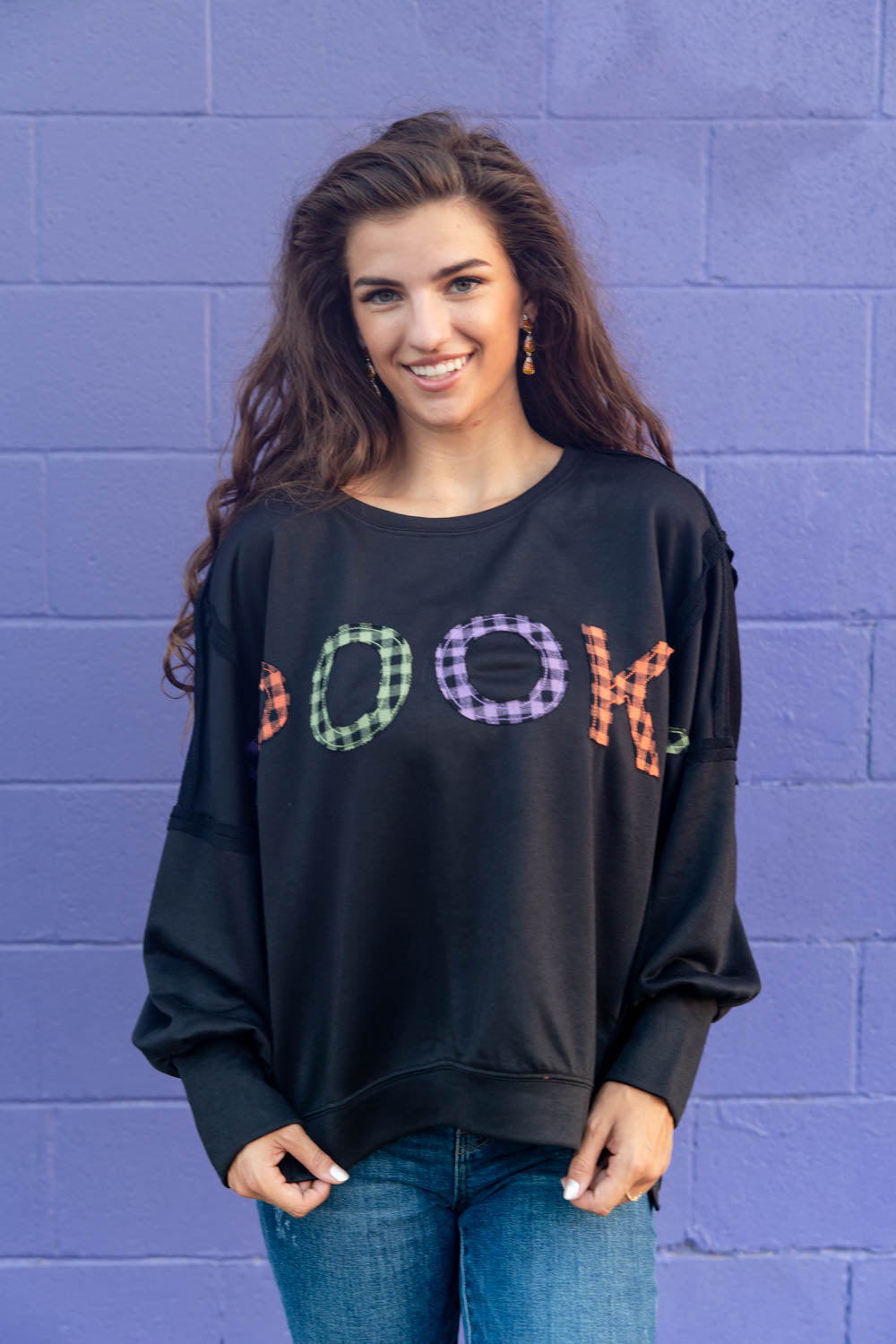 Spooky Plaid Patch Oversized Halloween Pullover