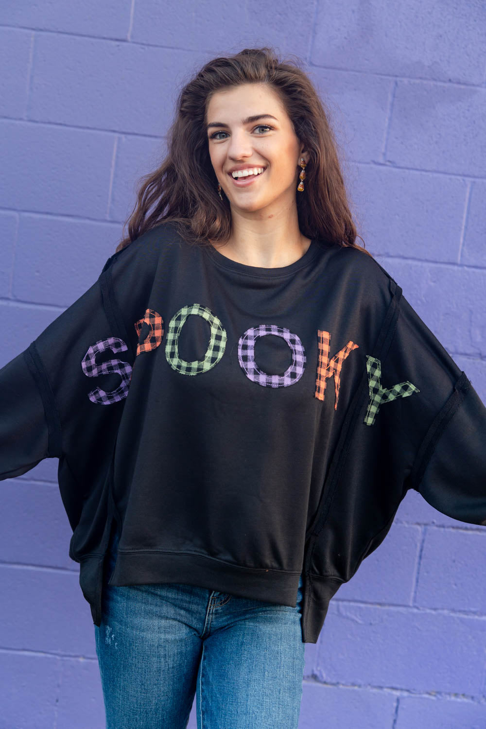 Spooky Plaid Patch Oversized Halloween Pullover