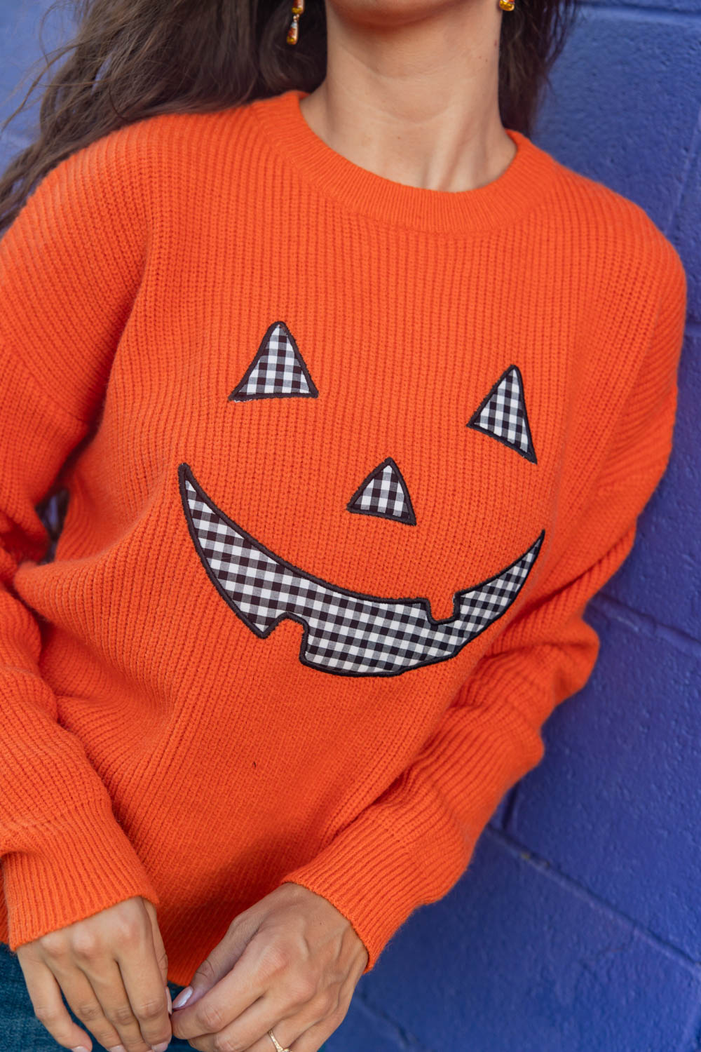Pumpkin Kisses Ribbed Gingham Patchwork Jack-o-Lantern Halloween Sweater