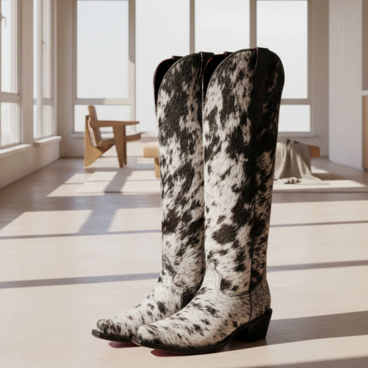 Bolted Boots & Black Cowgirl Boots – Cow Pattern Knee-High Western Boots