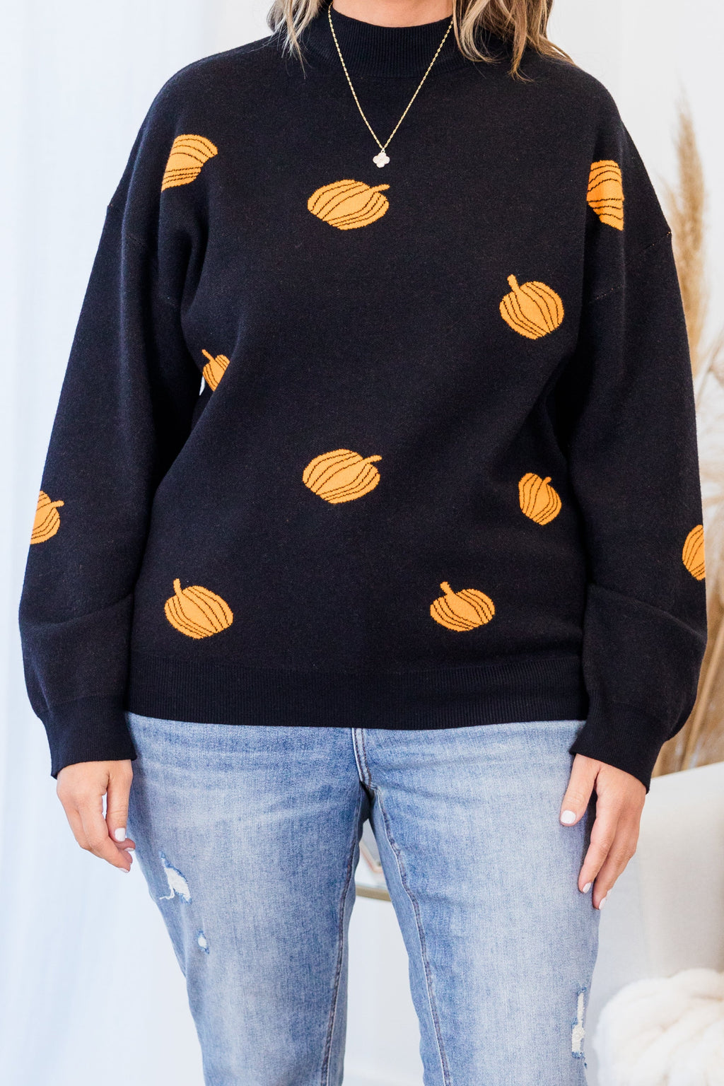 Women's Black Pumpkin Halloween Sweater - Cozy Fall Jacquard Pullover