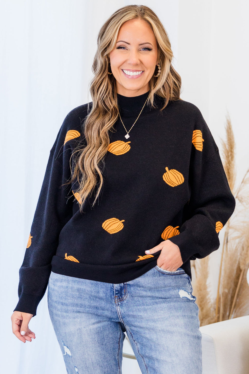 Women's Black Pumpkin Halloween Sweater - Cozy Fall Jacquard Pullover