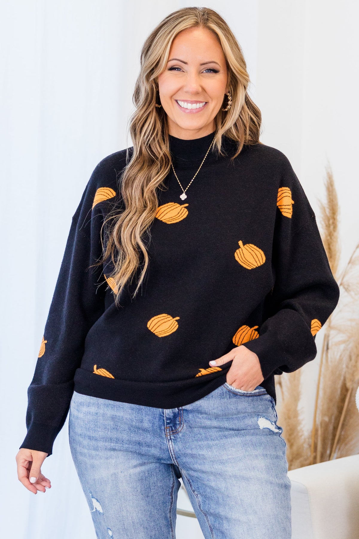 Women's Black Pumpkin Halloween Sweater - Cozy Fall Jacquard Pullover