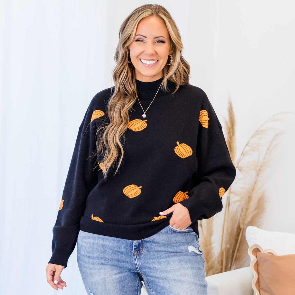 Women's Black Pumpkin Halloween Sweater - Cozy Fall Jacquard Pullover