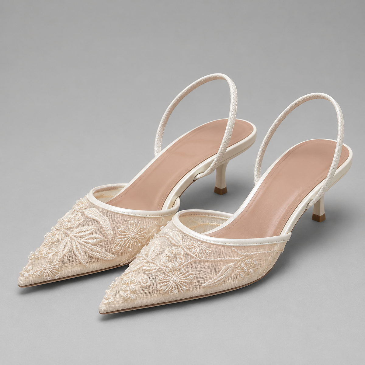Women's Embroidered Mesh Slingback Kitten Heels | Pointed Toe Dress Shoes