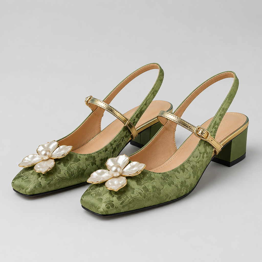 Women's Floral Slingback Block Heel Pumps | Comfortable Low Heel Dress Shoes