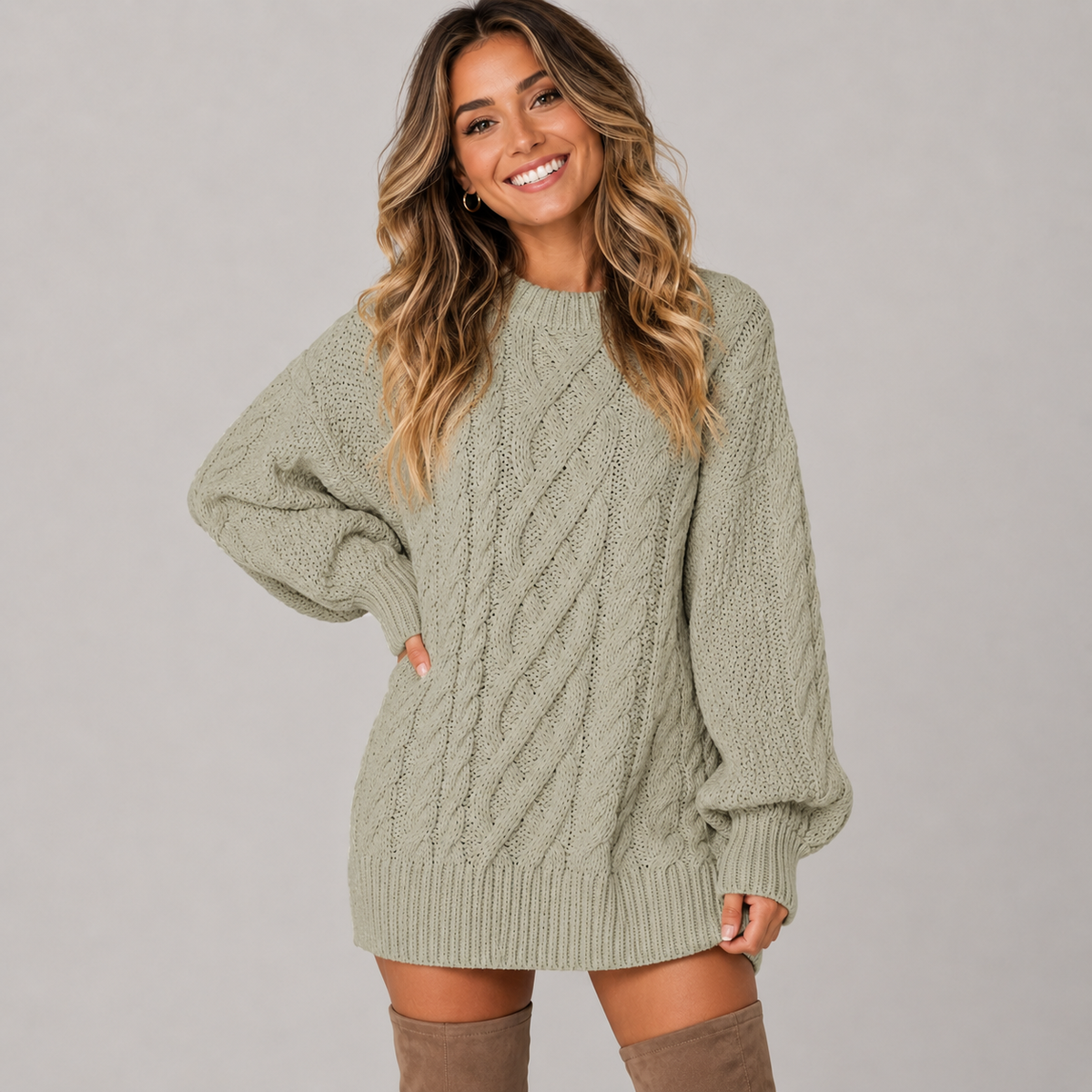 Women's Oversized Cable Knit Jumper Dress | Chunky Long Sleeve Sweater Dress
