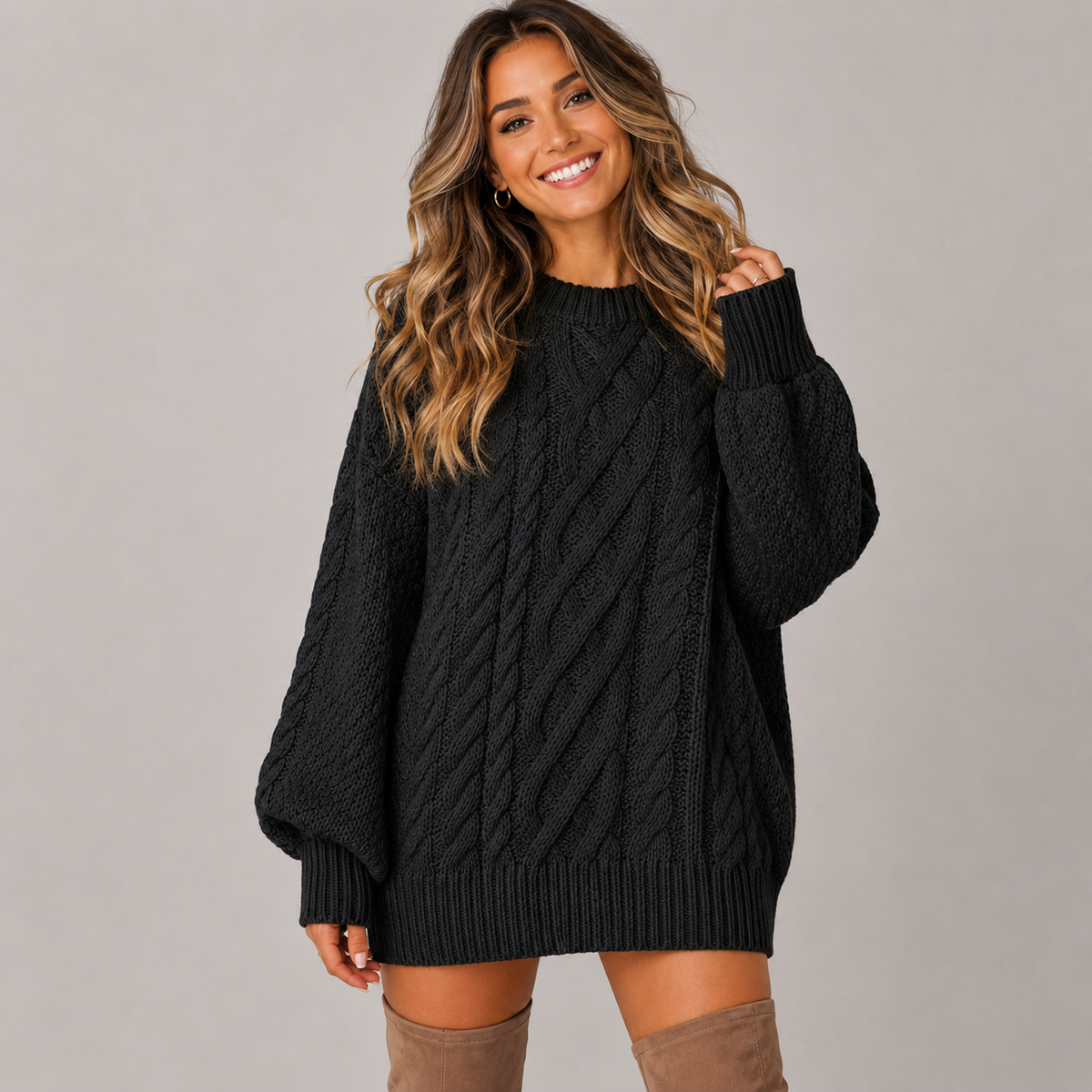 Women's Oversized Cable Knit Jumper Dress | Chunky Long Sleeve Sweater Dress