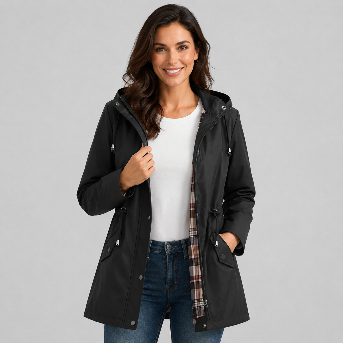 Women's Hooded Raincoat | Lightweight Check-Lined Waterproof Jacket