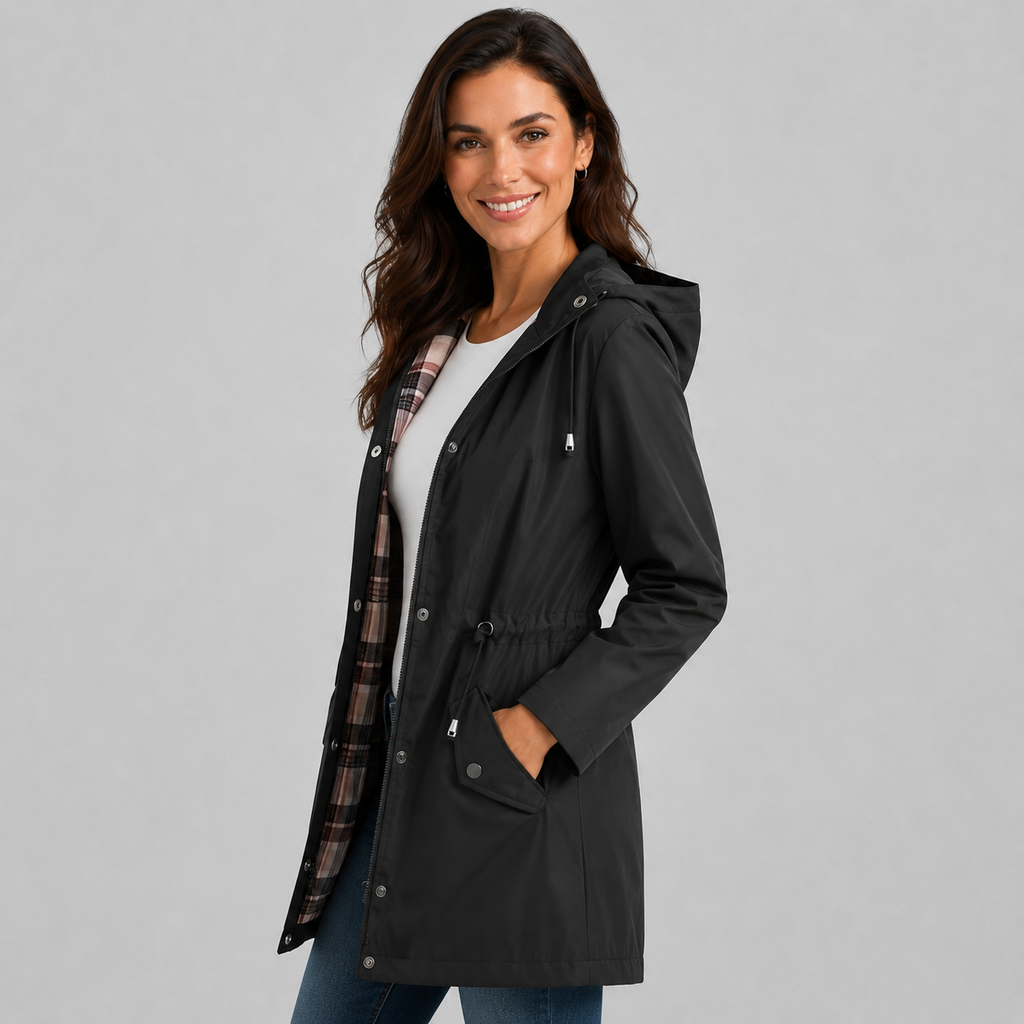 Women's Hooded Raincoat | Lightweight Check-Lined Waterproof Jacket