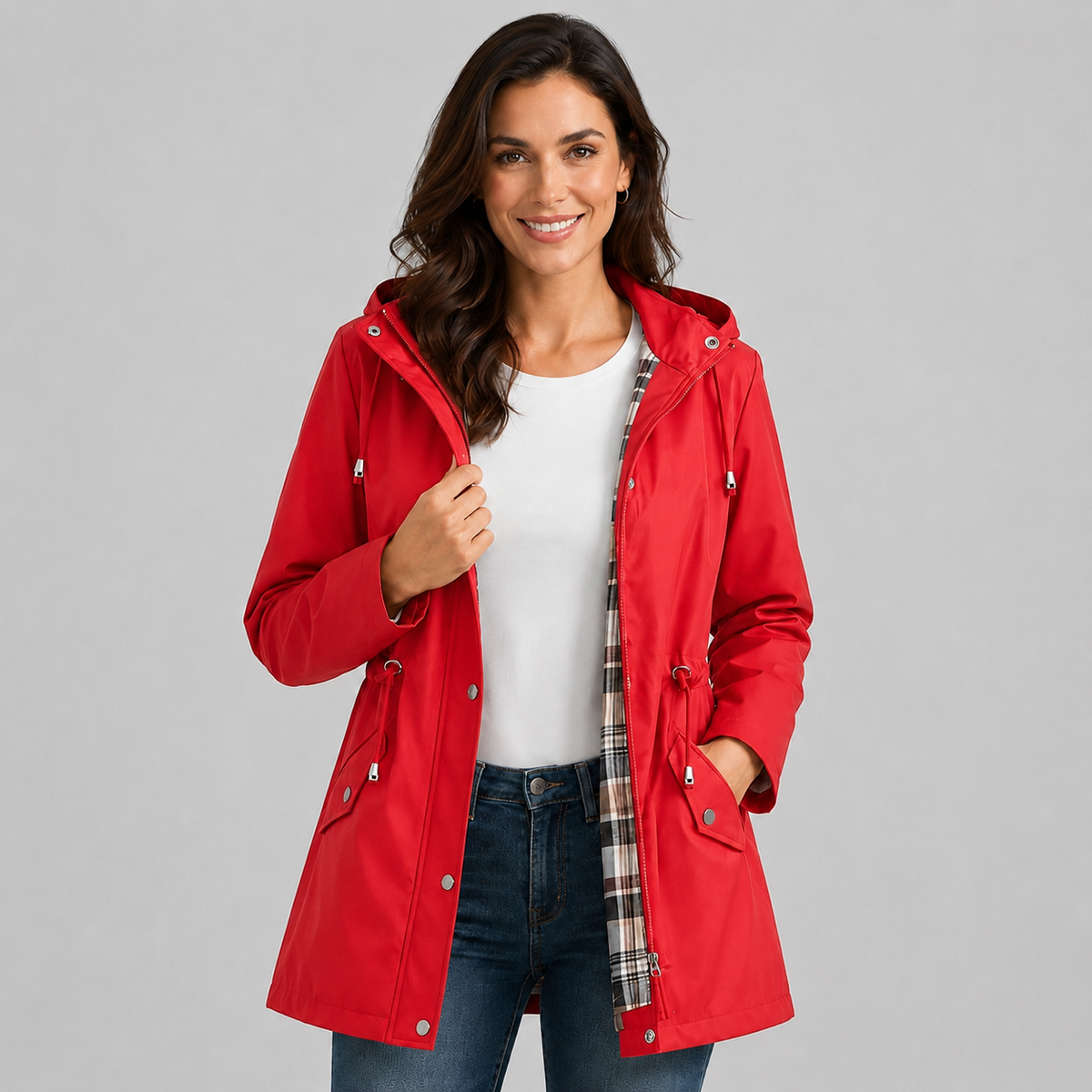 Women's Hooded Raincoat | Lightweight Check-Lined Waterproof Jacket