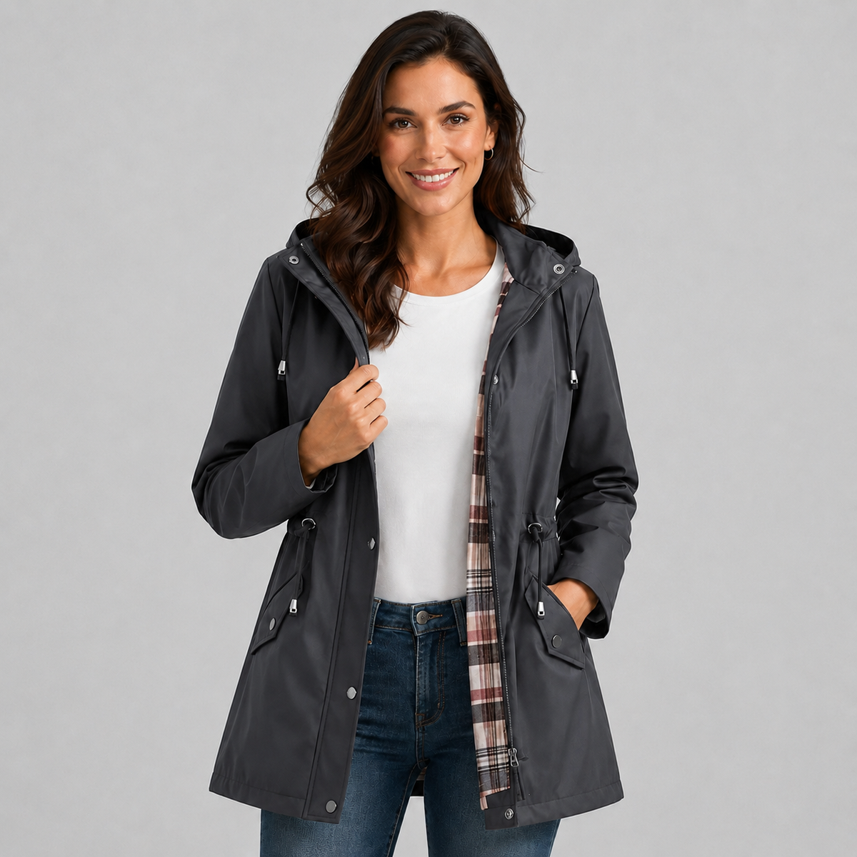 Women's Hooded Raincoat | Lightweight Check-Lined Waterproof Jacket
