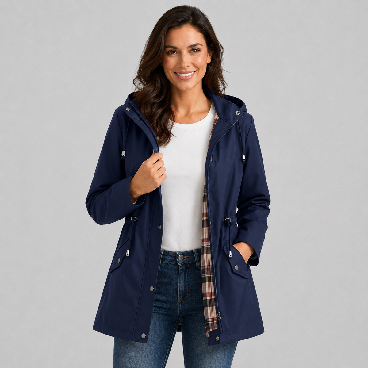 Women's Hooded Raincoat | Lightweight Check-Lined Waterproof Jacket