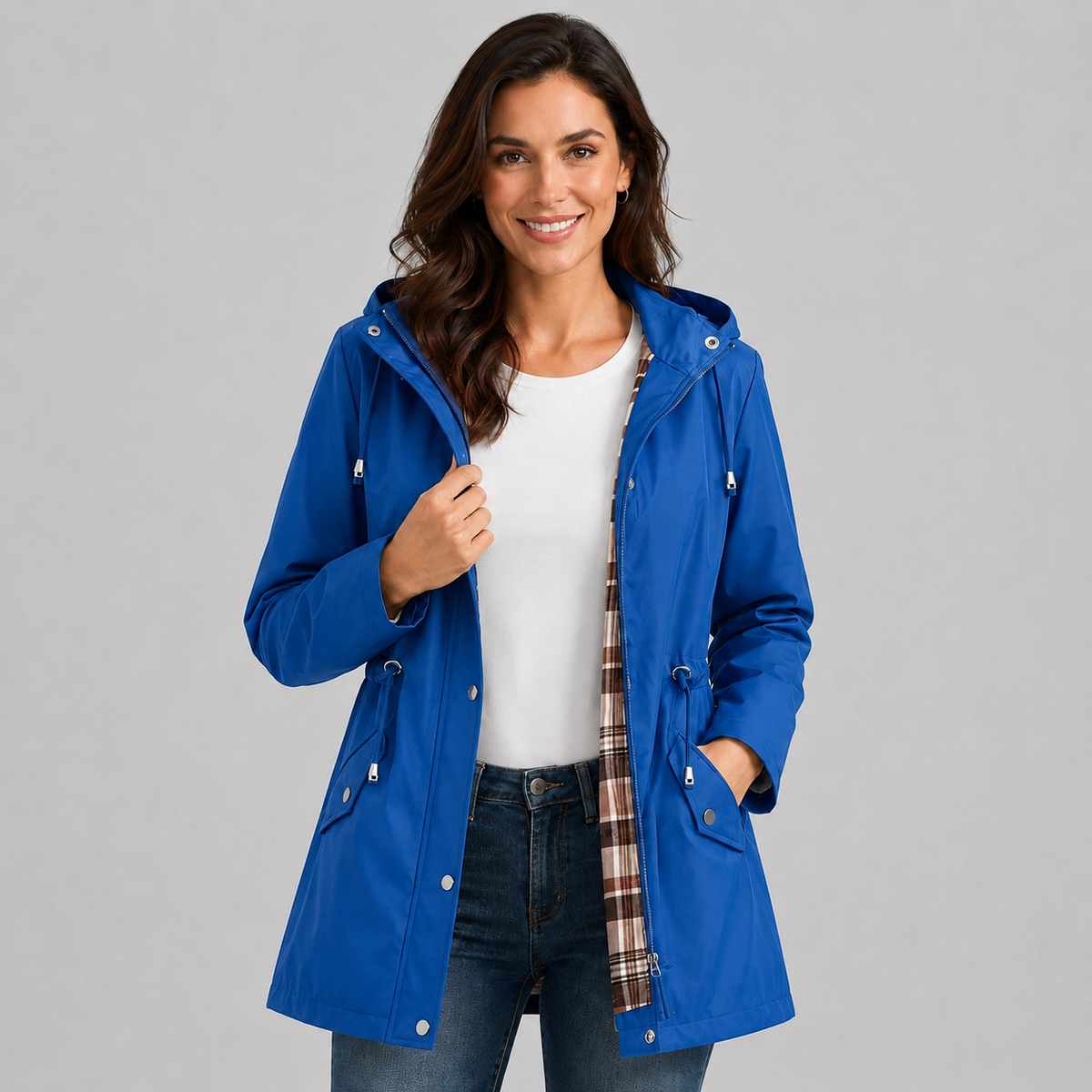 Women's Hooded Raincoat | Lightweight Check-Lined Waterproof Jacket