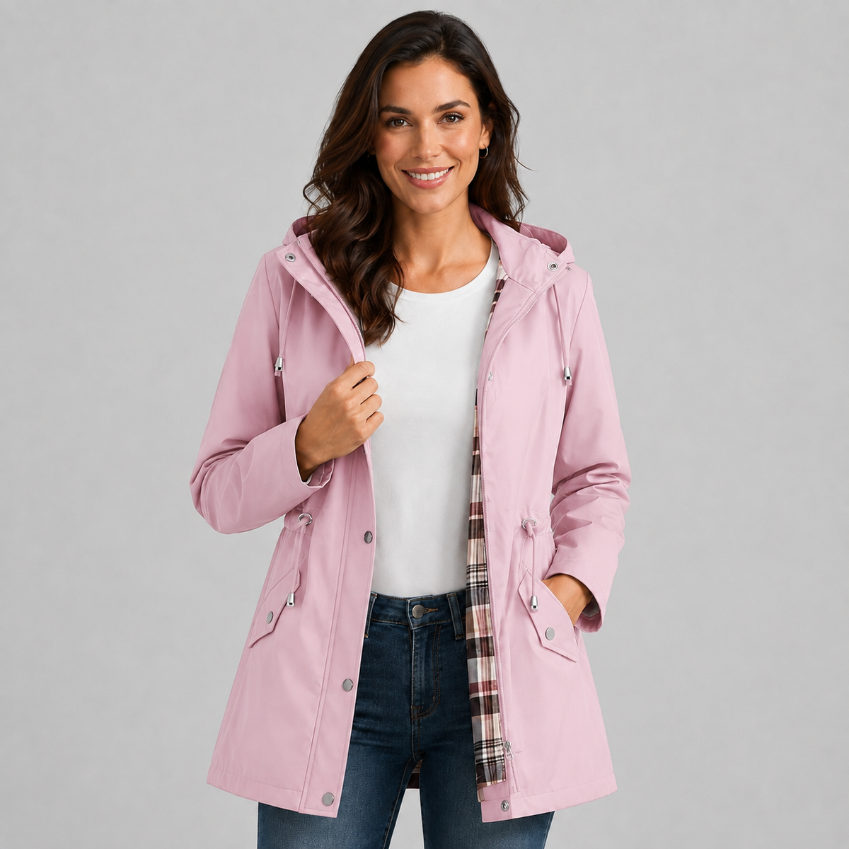 Women's Hooded Raincoat | Lightweight Check-Lined Waterproof Jacket