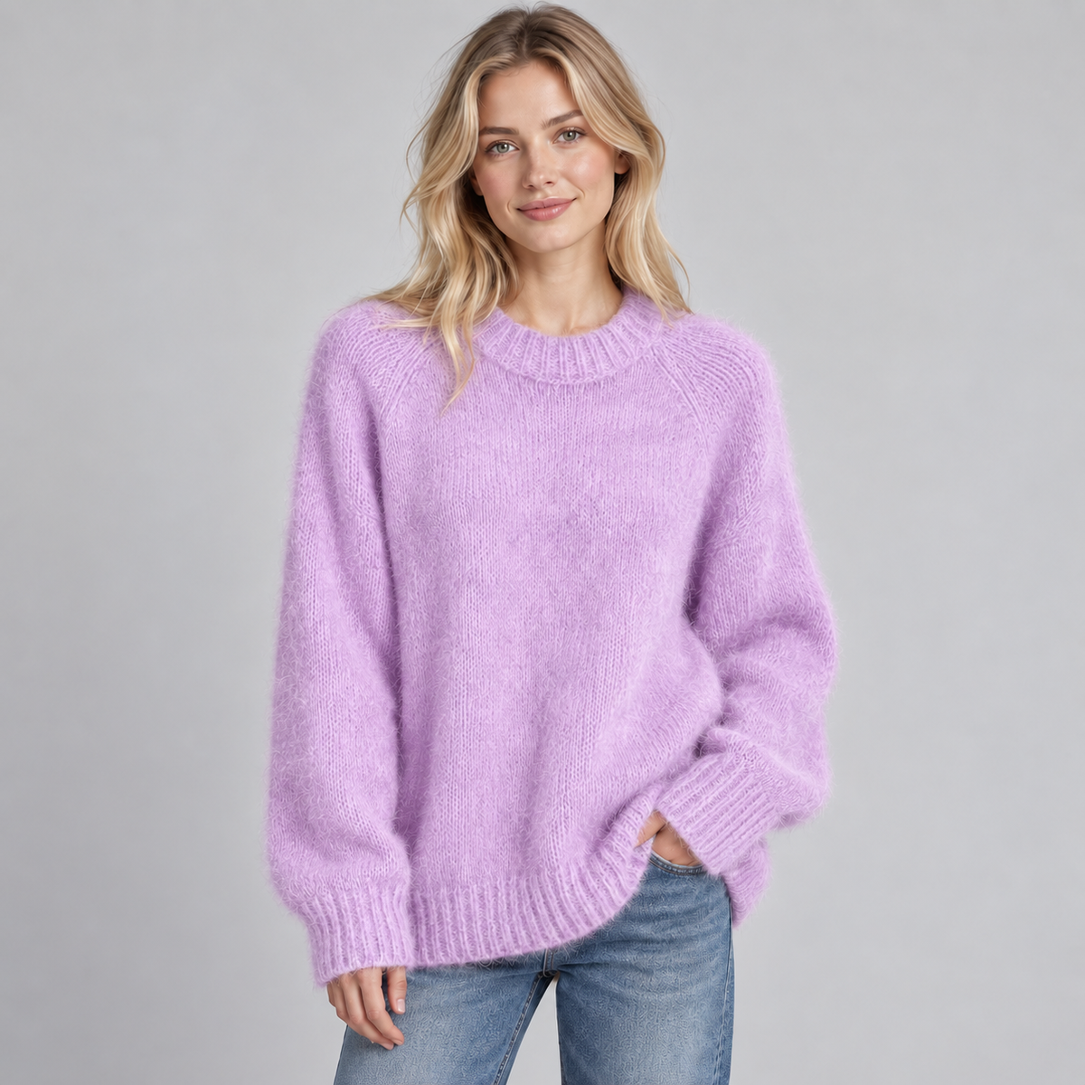 Women's Fluffy Knit Round Neck Jumper - Soft Long Sleeve Solid Casual Pullover Sweater