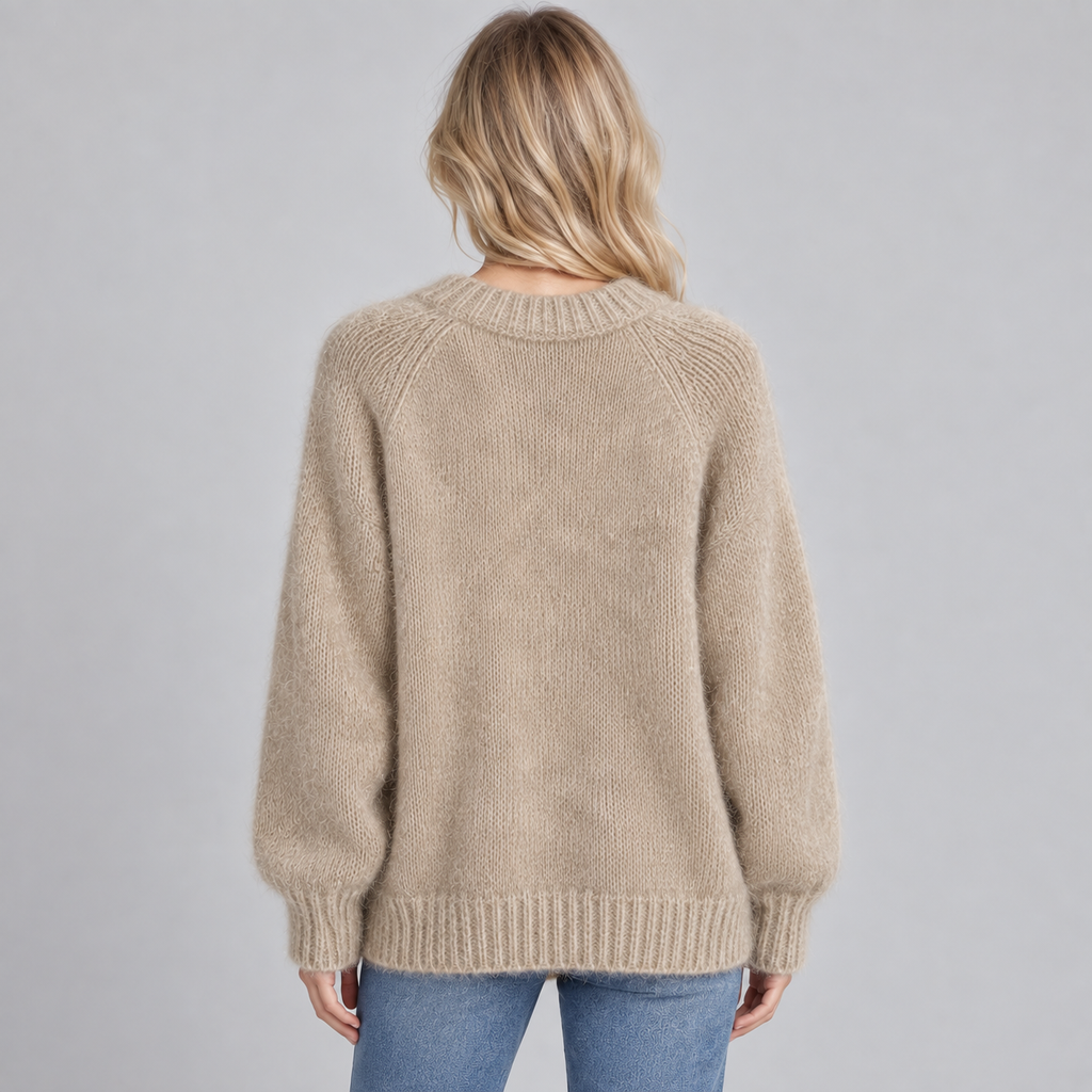Women's Fluffy Knit Round Neck Jumper - Soft Long Sleeve Solid Casual Pullover Sweater