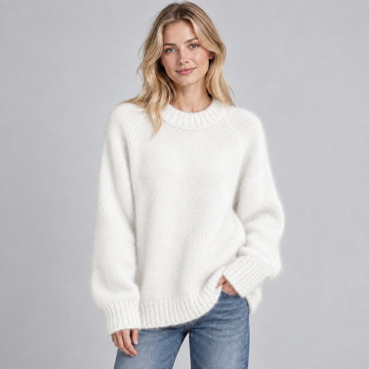 Women's Fluffy Knit Round Neck Jumper - Soft Long Sleeve Solid Casual Pullover Sweater
