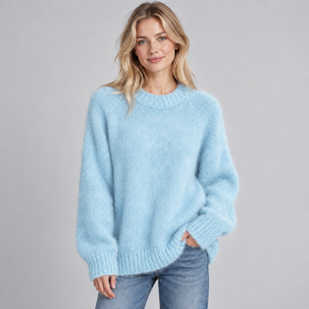 Women's Fluffy Knit Round Neck Jumper - Soft Long Sleeve Solid Casual Pullover Sweater