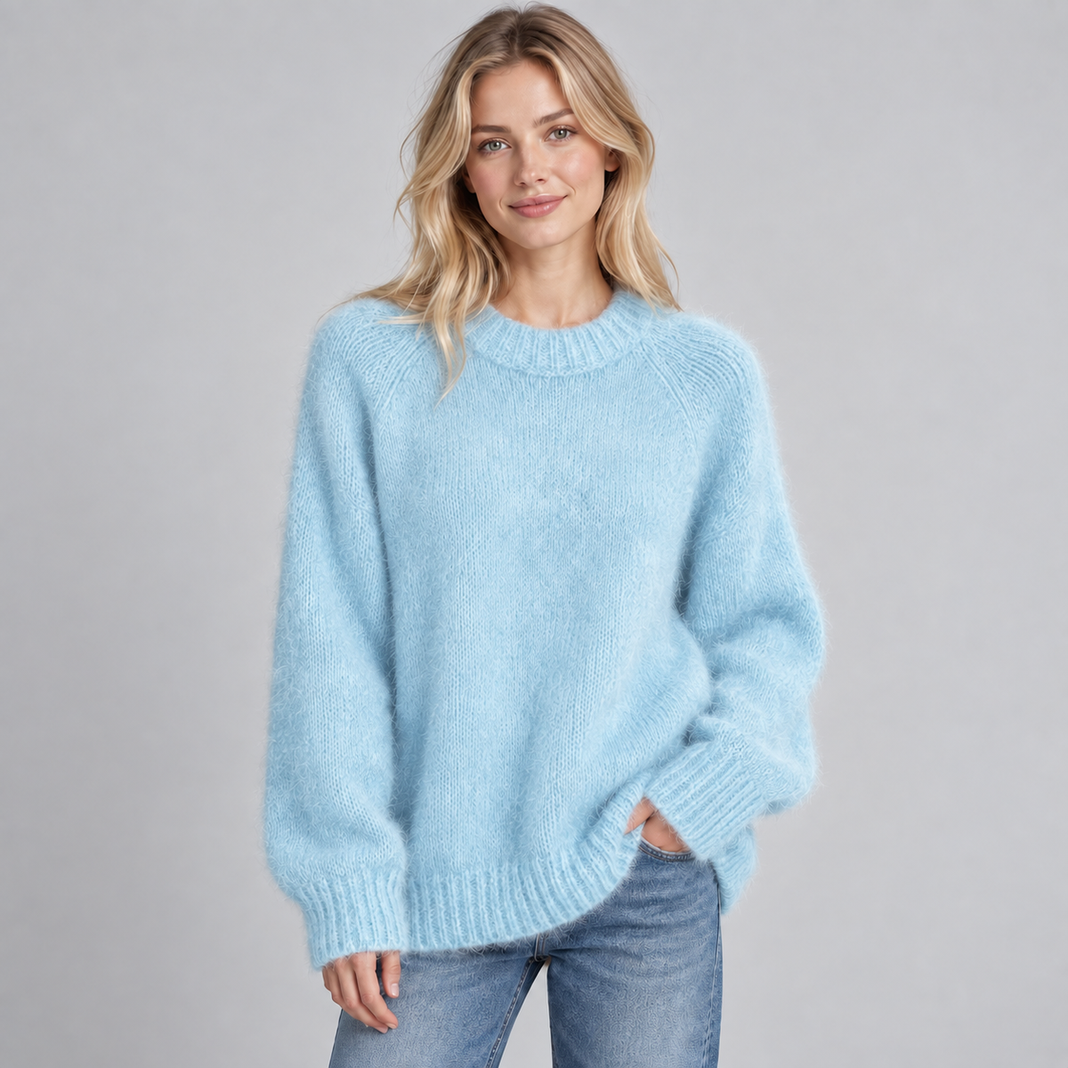 Women's Fluffy Knit Round Neck Jumper - Soft Long Sleeve Solid Casual Pullover Sweater