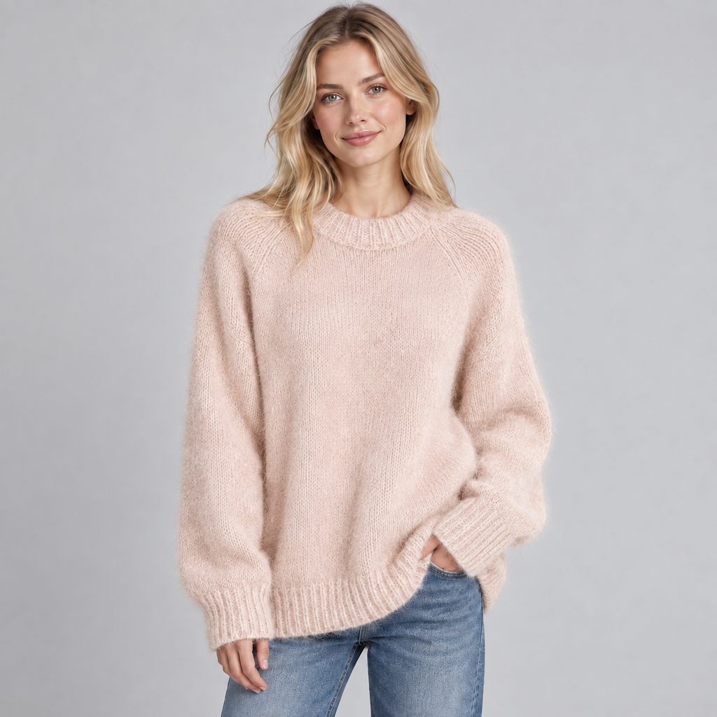 Women's Fluffy Knit Round Neck Jumper - Soft Long Sleeve Solid Casual Pullover Sweater