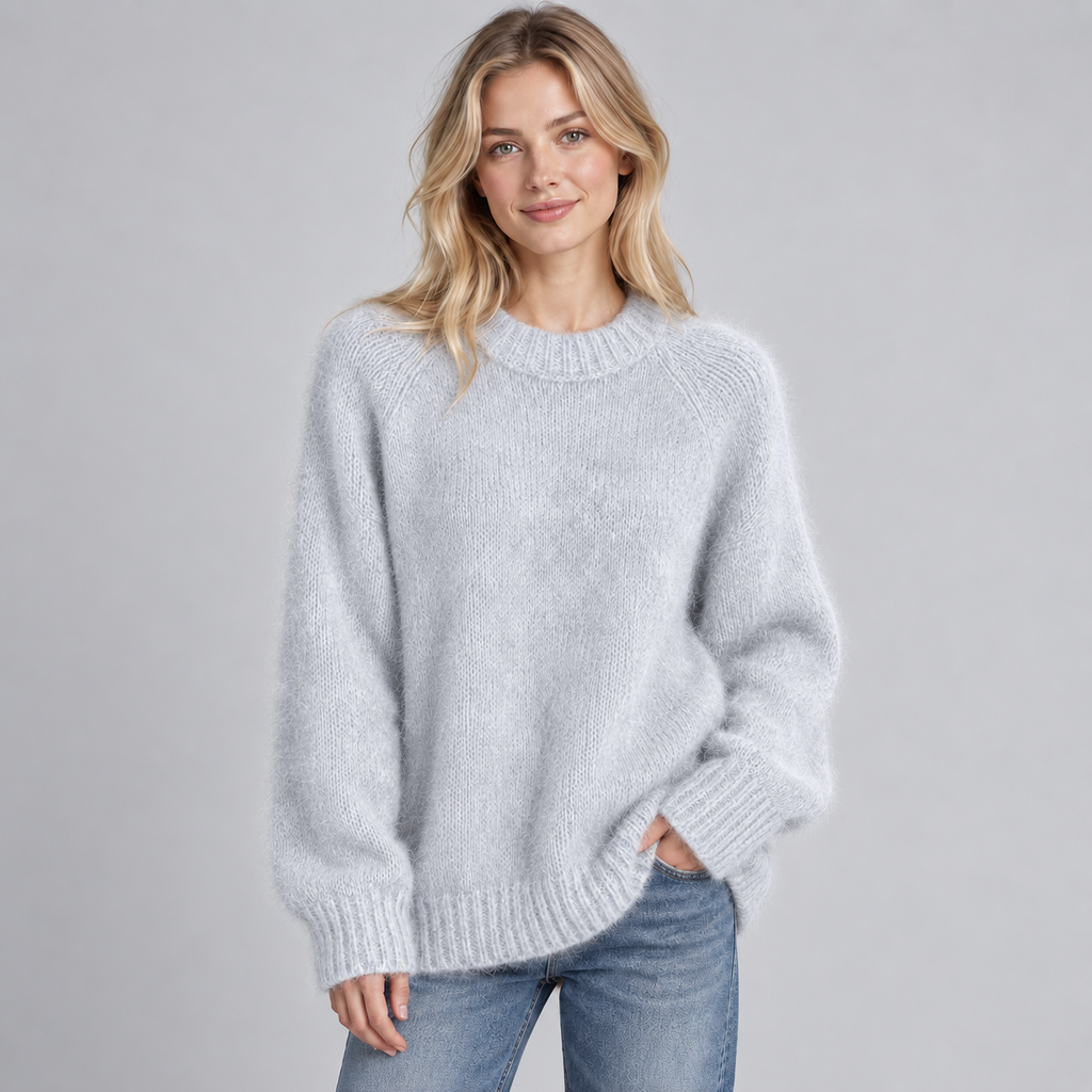 Women's Fluffy Knit Round Neck Jumper - Soft Long Sleeve Solid Casual Pullover Sweater
