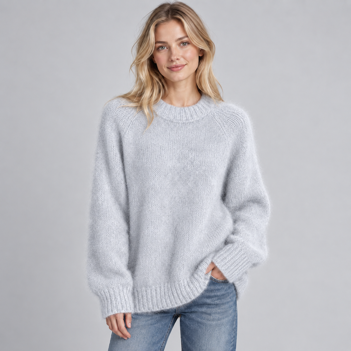 Women's Fluffy Knit Round Neck Jumper - Soft Long Sleeve Solid Casual Pullover Sweater