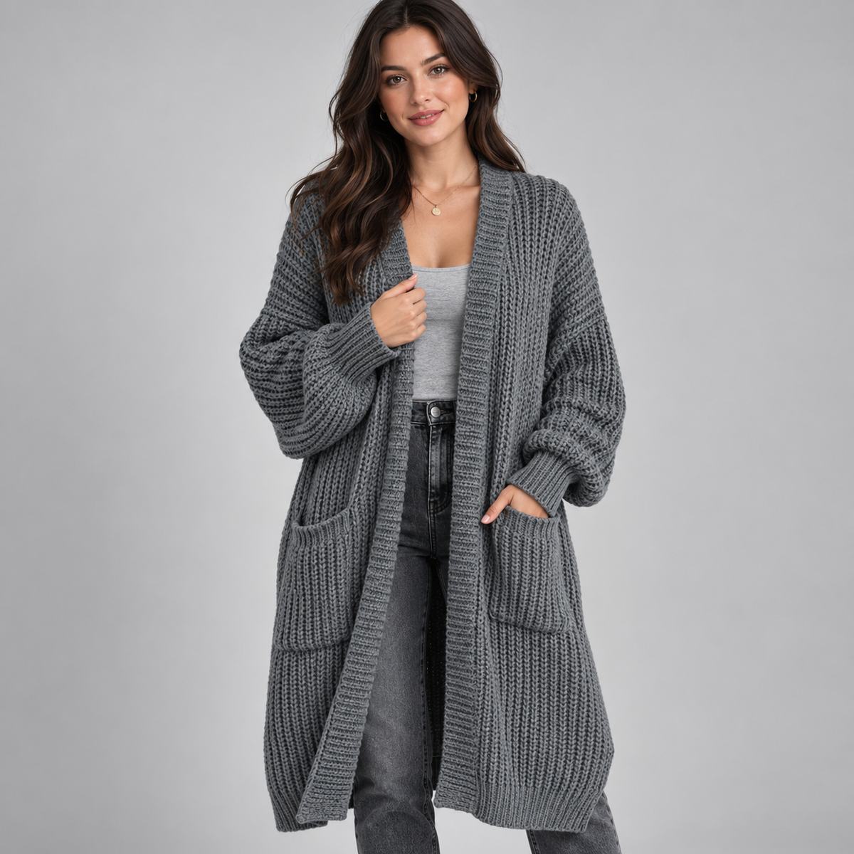 Women's Longline Chunky Knit Open Front Cardigan